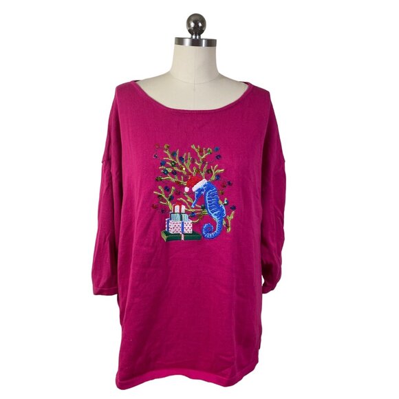 Heritage Charm Y2K  Top Womens 1X Pink Seahorse Christmas Tree Coastal Grandma - Picture 1 of 9